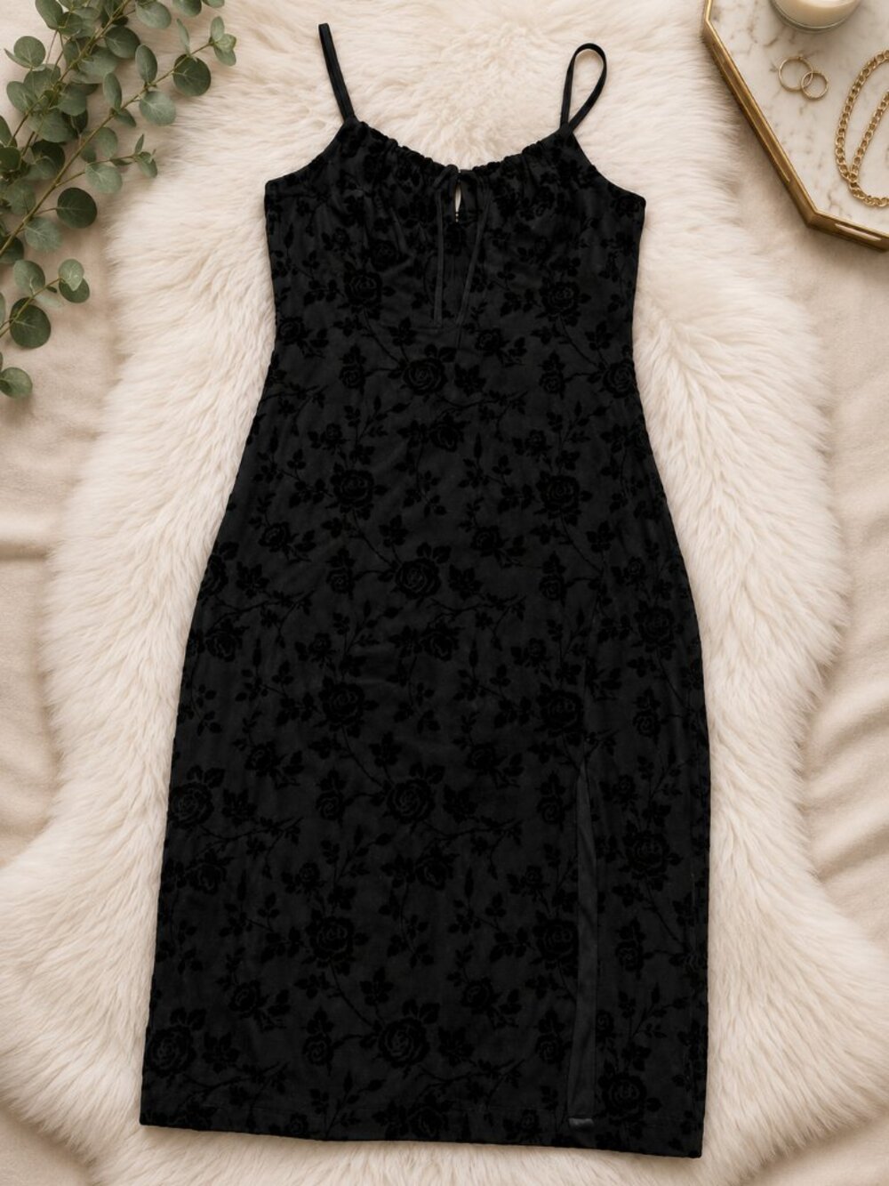 Black Floral Flocked Spaghetti Strap Midi Dress | NWT